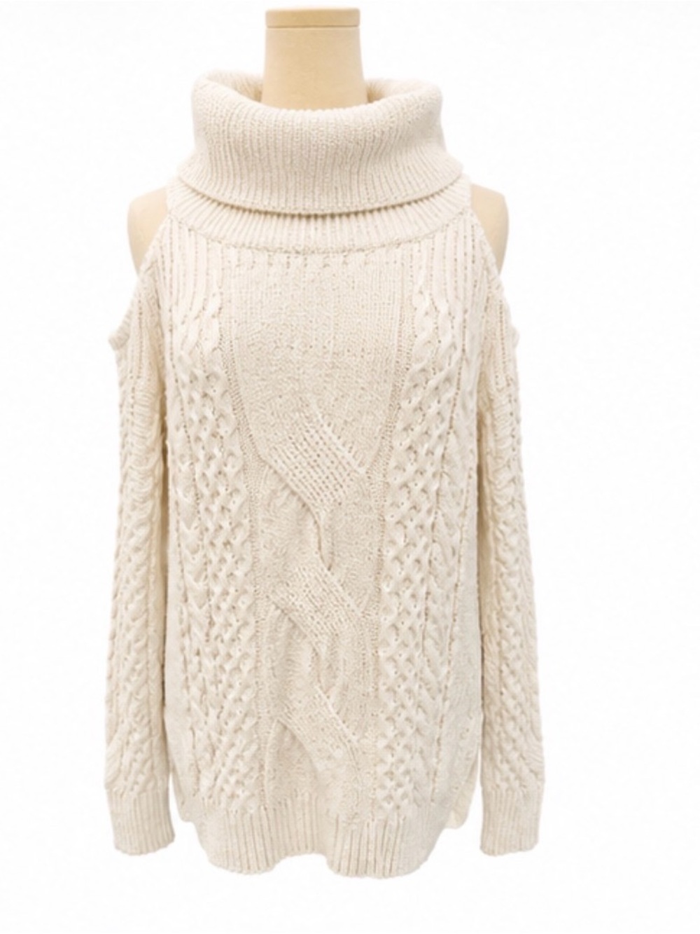 Anthropologie Cable Knit Cold Shoulder Turtleneck Sweater XL Cream Cotton Blend